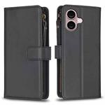 For iPhone 16 9 Card Slots Zipper Wallet Leather Flip Phone Case(Black)