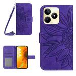 For Realme C53 Skin Feel Sun Flower Embossed Flip Leather Phone Case with Lanyard(Dark Purple)