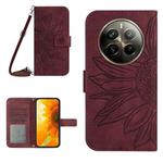 For Realme 12+ Global Skin Feel Sun Flower Embossed Flip Leather Phone Case with Lanyard(Wine Red)