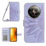 For Realme 12 Pro/12 Pro+ Global Skin Feel Sun Flower Embossed Flip Leather Phone Case with Lanyard(Purple)