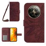 For Realme 12 Pro/12 Pro+ Global Skin Feel Sun Flower Embossed Flip Leather Phone Case with Lanyard(Wine Red)