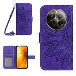 For Realme 12 Pro/12 Pro+ Global Skin Feel Sun Flower Embossed Flip Leather Phone Case with Lanyard(Dark Purple)