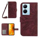 For vivo Y78+ Skin Feel Sun Flower Embossed Flip Leather Phone Case with Lanyard(Wine Red)