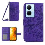 For vivo Y78+ Skin Feel Sun Flower Embossed Flip Leather Phone Case with Lanyard(Dark Purple)