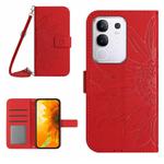 For vivo Y29 4G Global Skin Feel Sun Flower Embossed Flip Leather Phone Case with Lanyard(Red)