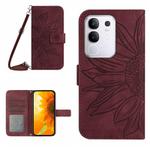 For vivo Y29 4G Global Skin Feel Sun Flower Embossed Flip Leather Phone Case with Lanyard(Wine Red)