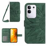For vivo Y29 4G Global Skin Feel Sun Flower Embossed Flip Leather Phone Case with Lanyard(Green)