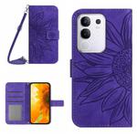 For vivo Y29 4G Global Skin Feel Sun Flower Embossed Flip Leather Phone Case with Lanyard(Dark Purple)