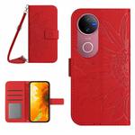 For vivo V50 5G Global Skin Feel Sun Flower Embossed Flip Leather Phone Case with Lanyard(Red)