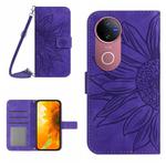 For vivo V50 5G Global Skin Feel Sun Flower Embossed Flip Leather Phone Case with Lanyard(Dark Purple)