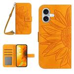 For iPhone 16 Skin Feel Sun Flower Embossed Flip Leather Phone Case with Lanyard(Yellow)