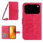 For iPhone 17 Pro Max Skin Feel Sun Flower Embossed Flip Leather Phone Case with Lanyard(Rose Red)