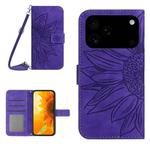 For iPhone 17 Pro Max Skin Feel Sun Flower Embossed Flip Leather Phone Case with Lanyard(Dark Purple)
