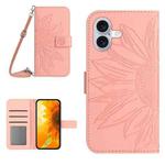 For iPhone 17 Skin Feel Sun Flower Embossed Flip Leather Phone Case with Lanyard(Pink)