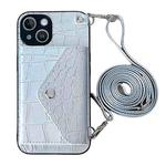 For iPhone 14 Plus Crocodile Texture Lanyard Card Slot Phone Case(Silver)