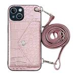 For iPhone 14 Plus Crocodile Texture Lanyard Card Slot Phone Case(Rose Gold)