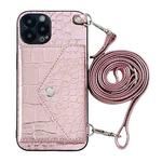 For iPhone 14 Pro Max Crocodile Texture Lanyard Card Slot Phone Case(Rose Gold)