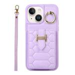 For iPhone 14 Vertical Card Bag Ring Holder Phone Case with Dual Lanyard(Purple)