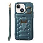 For iPhone 14 Plus Vertical Card Bag Ring Holder Phone Case with Dual Lanyard(Dark Green)
