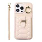 For iPhone 14 Pro Vertical Card Bag Ring Holder Phone Case with Dual Lanyard(Beige)