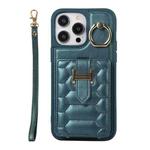 For iPhone 14 Pro Vertical Card Bag Ring Holder Phone Case with Dual Lanyard(Dark Green)