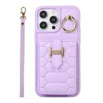 For iPhone 14 Pro Vertical Card Bag Ring Holder Phone Case with Dual Lanyard(Purple)