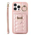 For iPhone 14 Pro Max Vertical Card Bag Ring Holder Phone Case with Dual Lanyard(Rose Gold)