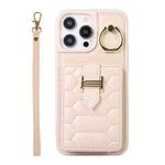 For iPhone 14 Pro Max Vertical Card Bag Ring Holder Phone Case with Dual Lanyard(Beige)