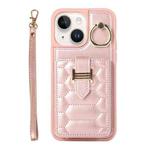 For iPhone 13 Vertical Card Bag Ring Holder Phone Case with Dual Lanyard(Rose Gold)