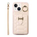 For iPhone 13 Vertical Card Bag Ring Holder Phone Case with Dual Lanyard(Beige)