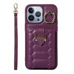 For iPhone 13 Pro Vertical Card Bag Ring Holder Phone Case with Dual Lanyard(Dark Purple)