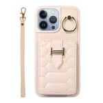 For iPhone 13 Pro Vertical Card Bag Ring Holder Phone Case with Dual Lanyard(Beige)