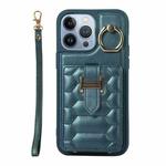 For iPhone 13 Pro Vertical Card Bag Ring Holder Phone Case with Dual Lanyard(Dark Green)