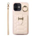 For iPhone 12 Vertical Card Bag Ring Holder Phone Case with Dual Lanyard(Beige)