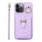 For iPhone 12 Pro Vertical Card Bag Ring Holder Phone Case with Dual Lanyard(Purple)