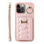 For iPhone 12 Pro Max Vertical Card Bag Ring Holder Phone Case with Dual Lanyard(Rose Gold)