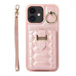 For iPhone 11 Vertical Card Bag Ring Holder Phone Case with Dual Lanyard(Rose Gold)