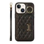 For iPhone 14 Horizontal Card Bag Ring Holder Phone Case with Dual Lanyard(Black)