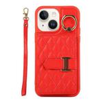 For iPhone 14 Plus Horizontal Card Bag Ring Holder Phone Case with Dual Lanyard(Red)