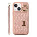 For iPhone 14 Plus Horizontal Card Bag Ring Holder Phone Case with Dual Lanyard(Rose Gold)