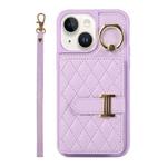 For iPhone 14 Plus Horizontal Card Bag Ring Holder Phone Case with Dual Lanyard(Purple)