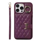 For iPhone 14 Pro Max Horizontal Card Bag Ring Holder Phone Case with Dual Lanyard(Dark Purple)