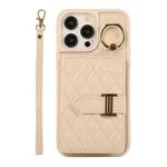 For iPhone 14 Pro Max Horizontal Card Bag Ring Holder Phone Case with Dual Lanyard(Beige)