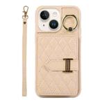 For iPhone 13 Horizontal Card Bag Ring Holder Phone Case with Dual Lanyard(Beige)