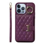 For iPhone 13 Pro Horizontal Card Bag Ring Holder Phone Case with Dual Lanyard(Dark Purple)