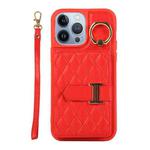 For iPhone 13 Pro Horizontal Card Bag Ring Holder Phone Case with Dual Lanyard(Red)