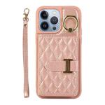 For iPhone 13 Pro Horizontal Card Bag Ring Holder Phone Case with Dual Lanyard(Rose Gold)