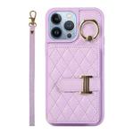 For iPhone 13 Pro Horizontal Card Bag Ring Holder Phone Case with Dual Lanyard(Purple)