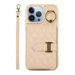 For iPhone 13 Pro Max Horizontal Card Bag Ring Holder Phone Case with Dual Lanyard(Beige)