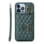 For iPhone 13 Pro Max Horizontal Card Bag Ring Holder Phone Case with Dual Lanyard(Dark Green)